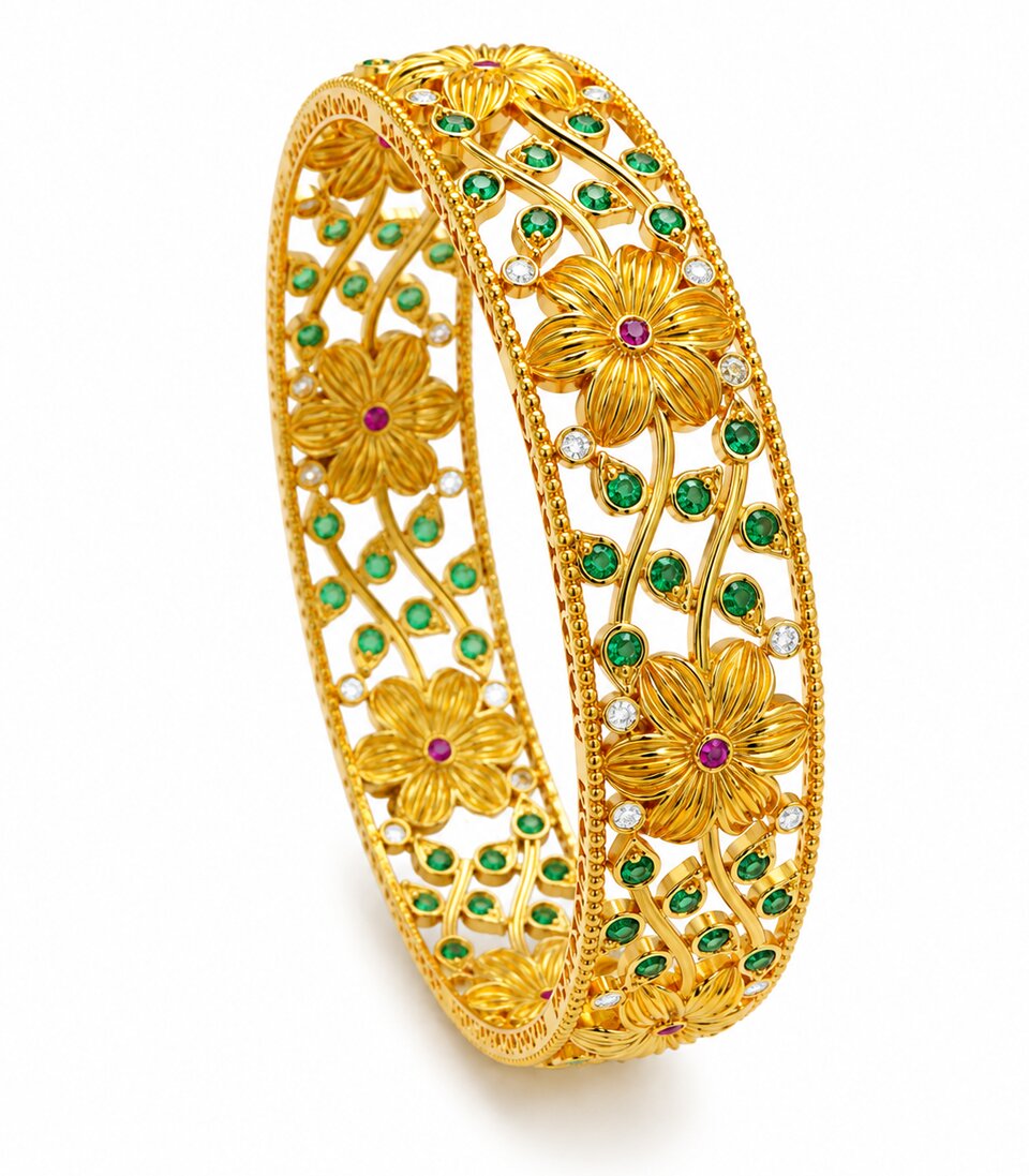 Gold Green Stone Floral Filigree Designer Bangle