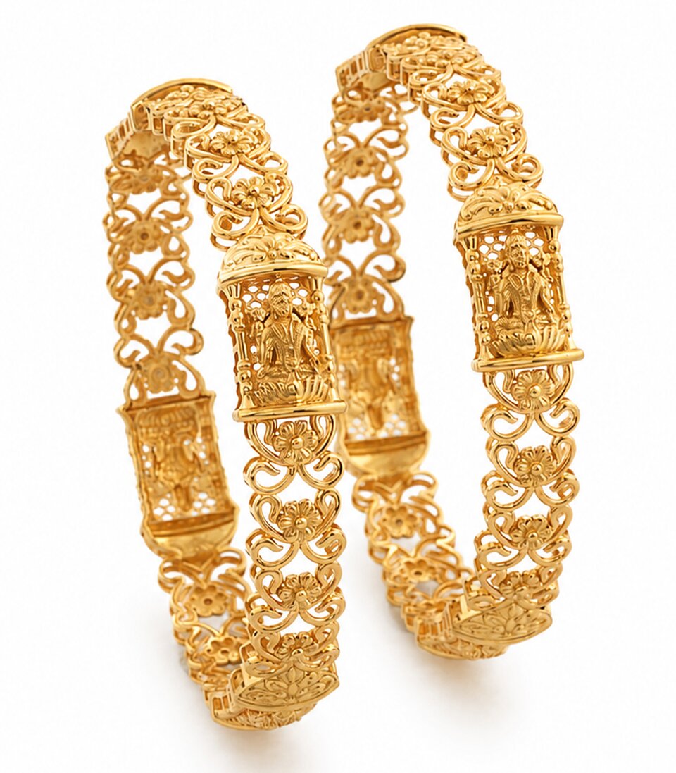 Two gold bracelets with intricate designs on a white background