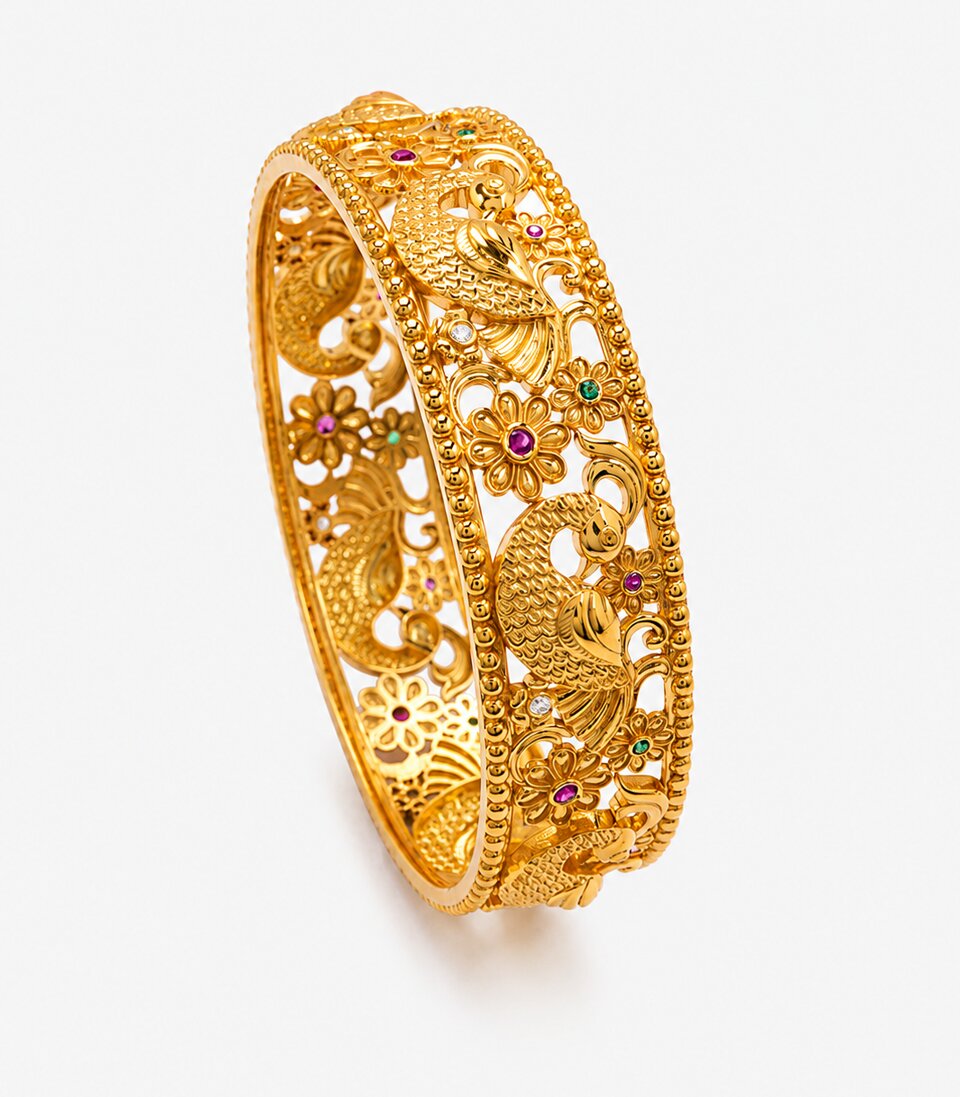 Gold Multicolor Stone Designer Filigree Bangle