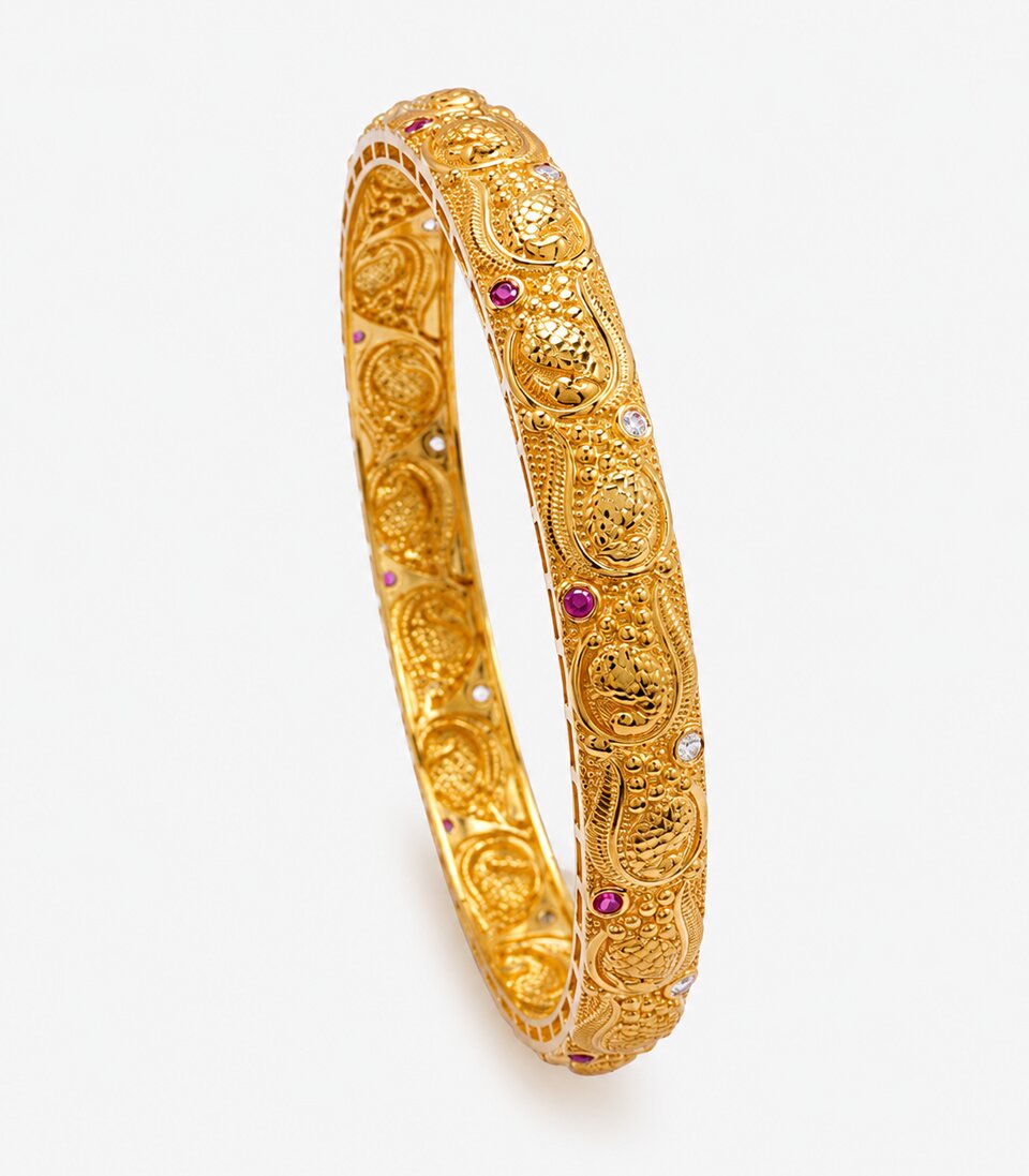 Gold Antique Floral Engraved Slim Bangle