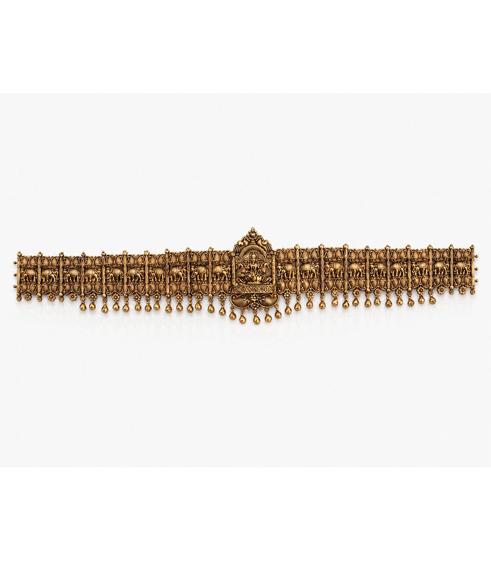 Antique-Finish Temple Jewelry Vaddanam Featuring A Central Goddess Lakshmi