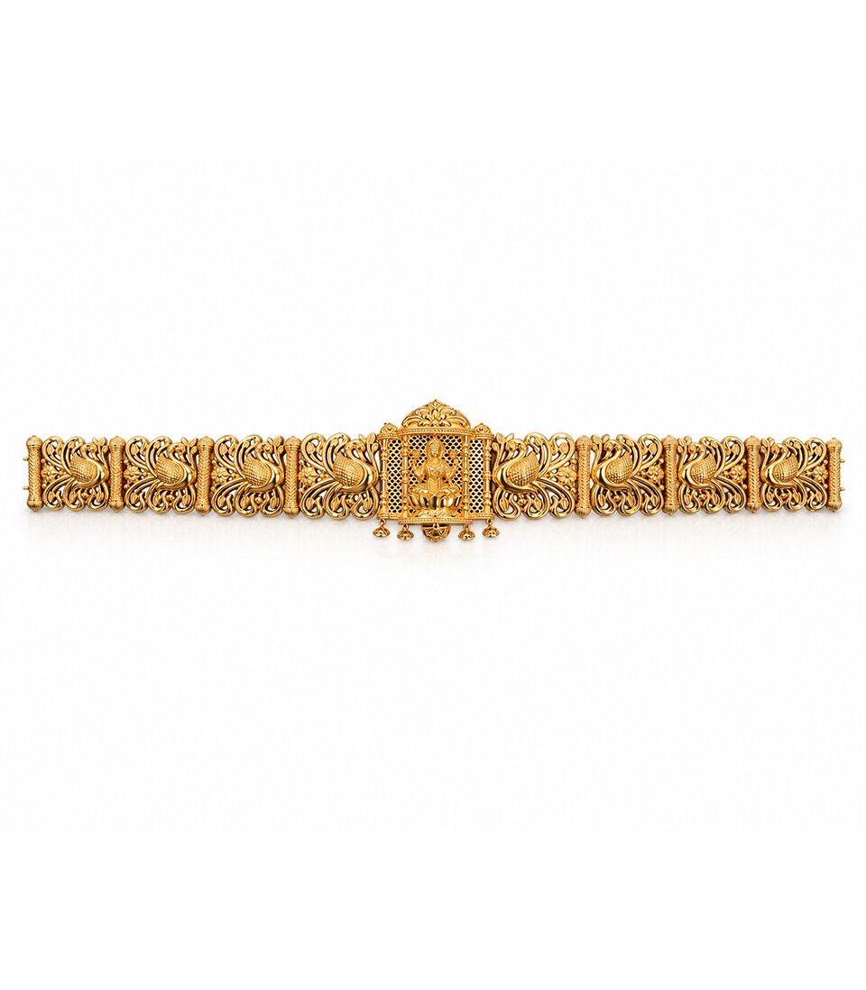 Antique-Finish Temple Jewelry Vaddanam Featuring A Central Shrine