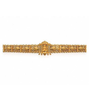 Antique-Finish Temple Jewelry Vaddanam Featuring A Central Shrine