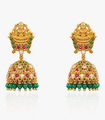 Gold Jhumka Earrings With Green & Pink Gemstones