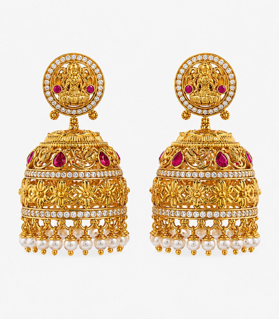 Ruby Stone Temple Jhumka Earrings