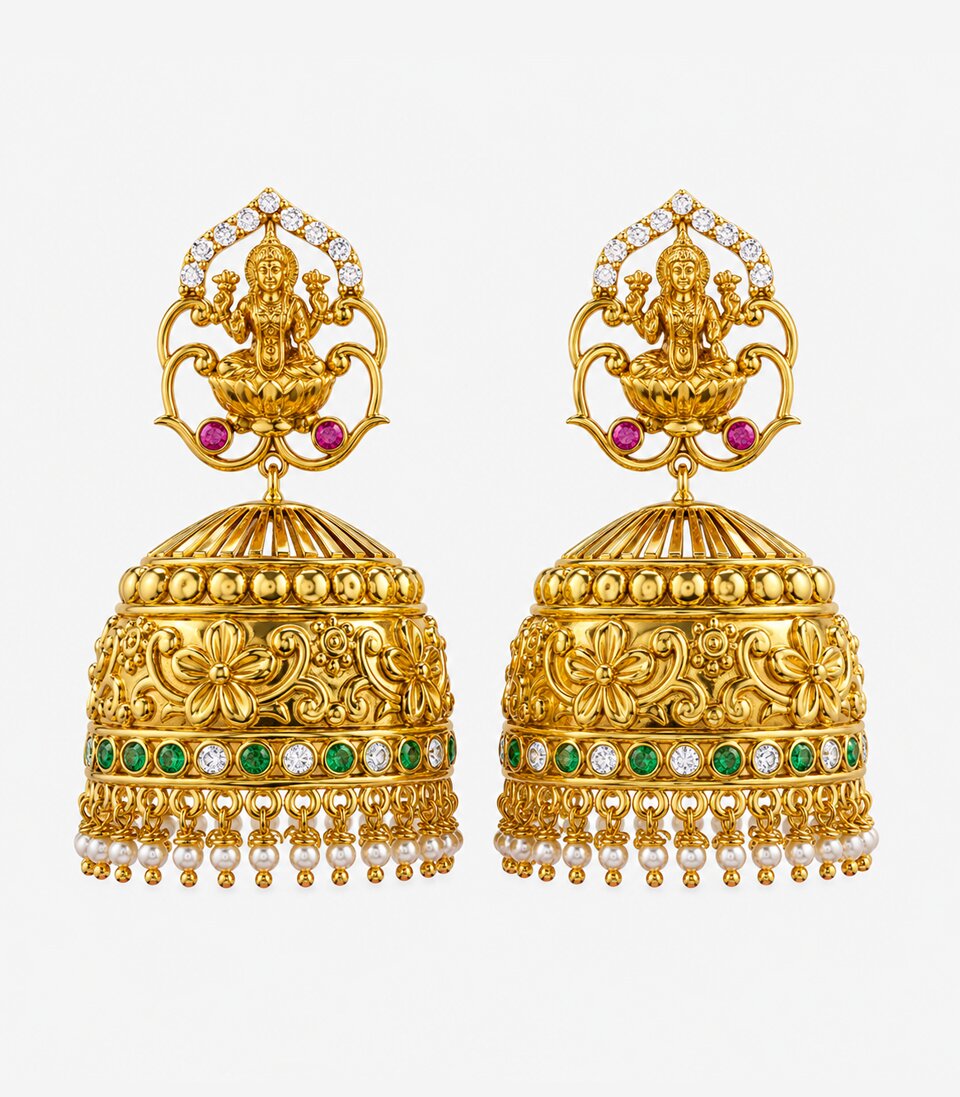 Lakshmi Temple Green Stone Jhumka Earrings